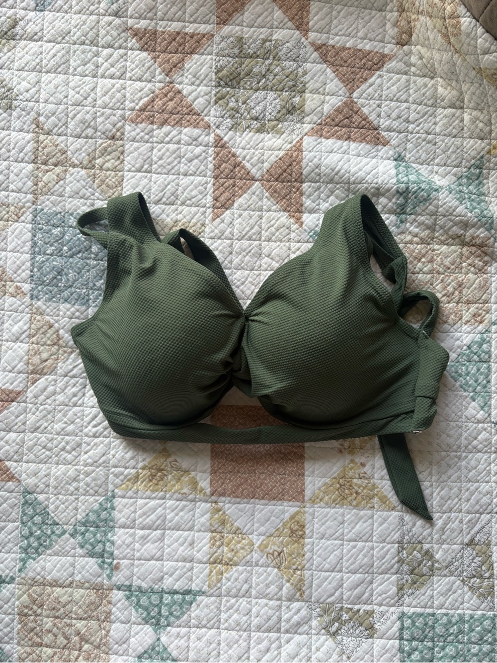 Olive Green Padded Bra-style bikini top-lace up back